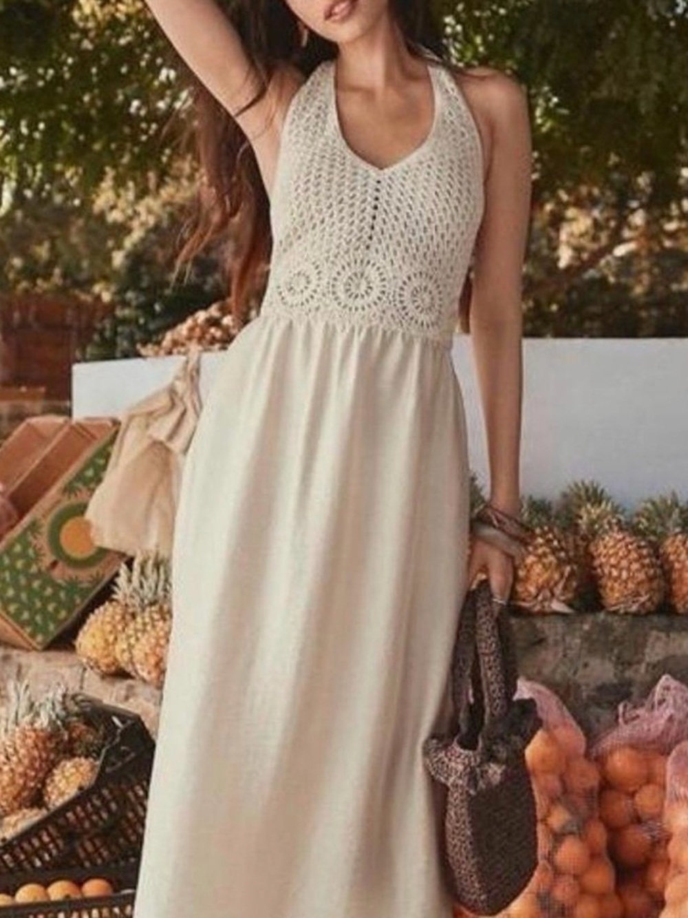 LOFT Cream Crochet Halter Maxi Dress